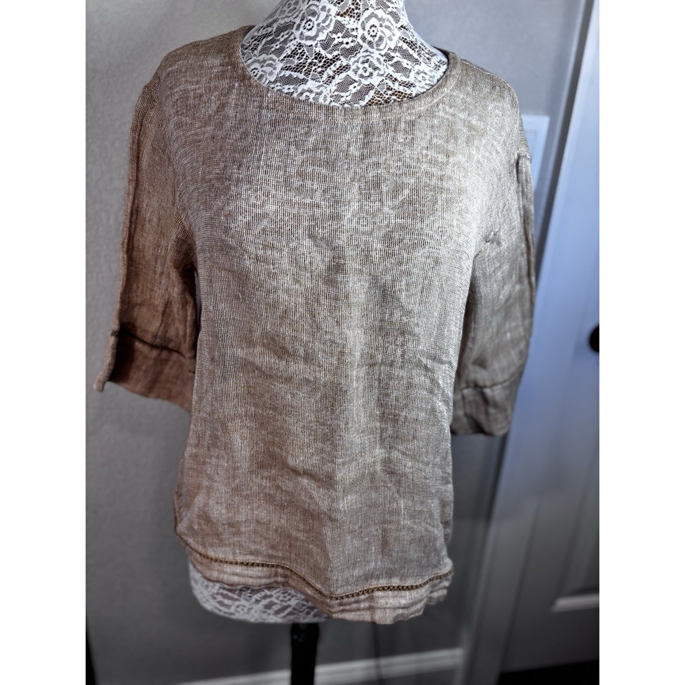 J. Jill PureJill Open Weave Linen 3/4 Sleeve Boxy Top M Petite Lagenlook Beach